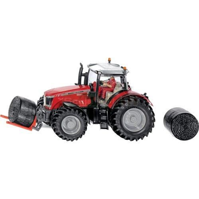 Tracteur Massey Ferguson 8680 avec pince à balles et 2 balles