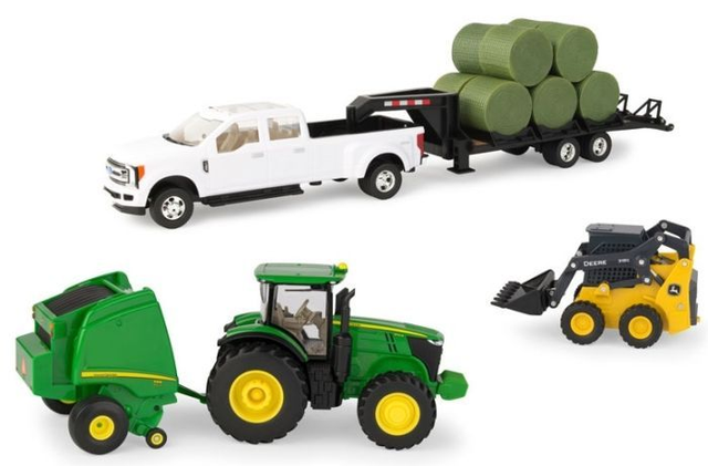 ERTL 68841 JD coffret 7270R. Presse et chargeur, 4x4, remorque