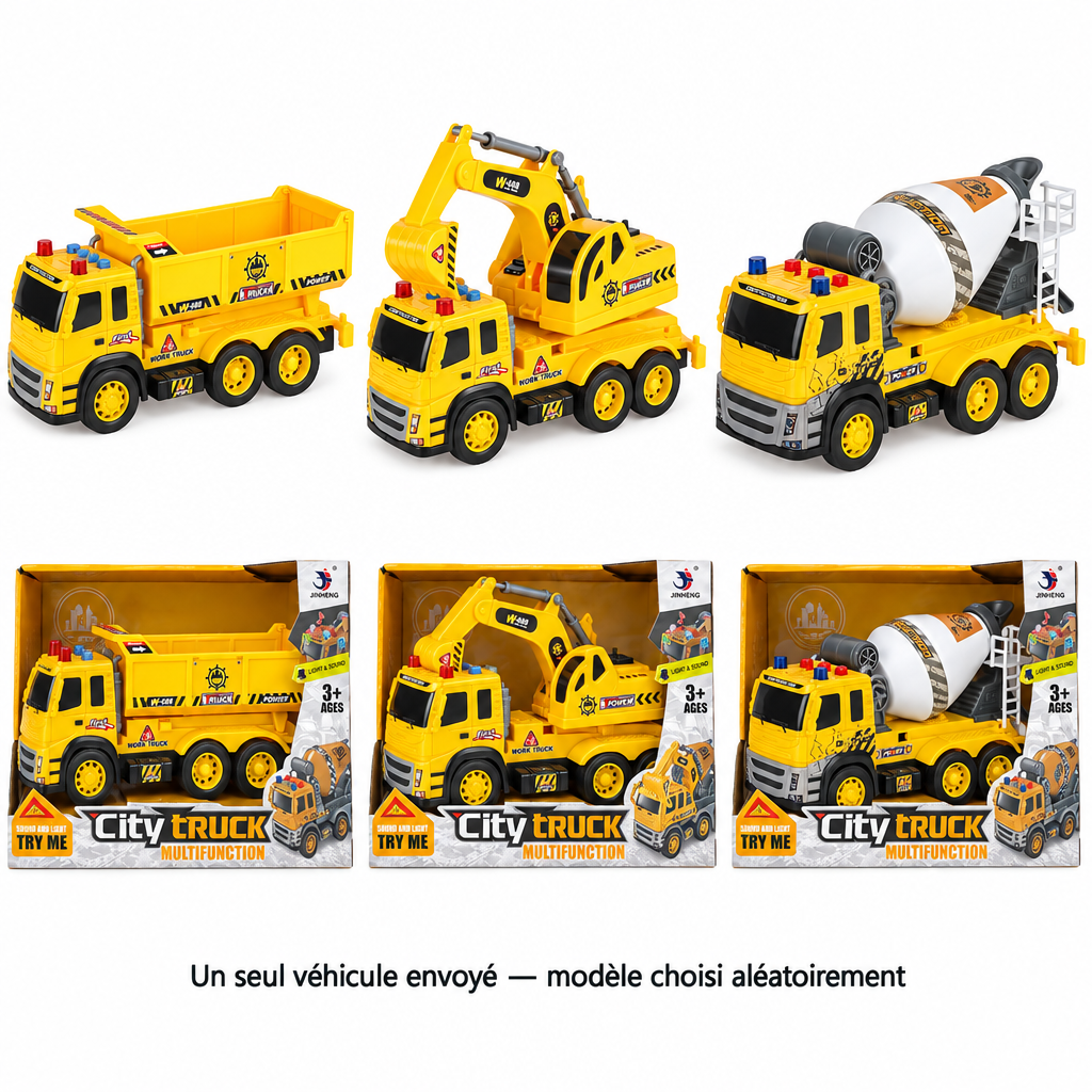 Montage des six photos des véhicules de chantier et de leurs emballages