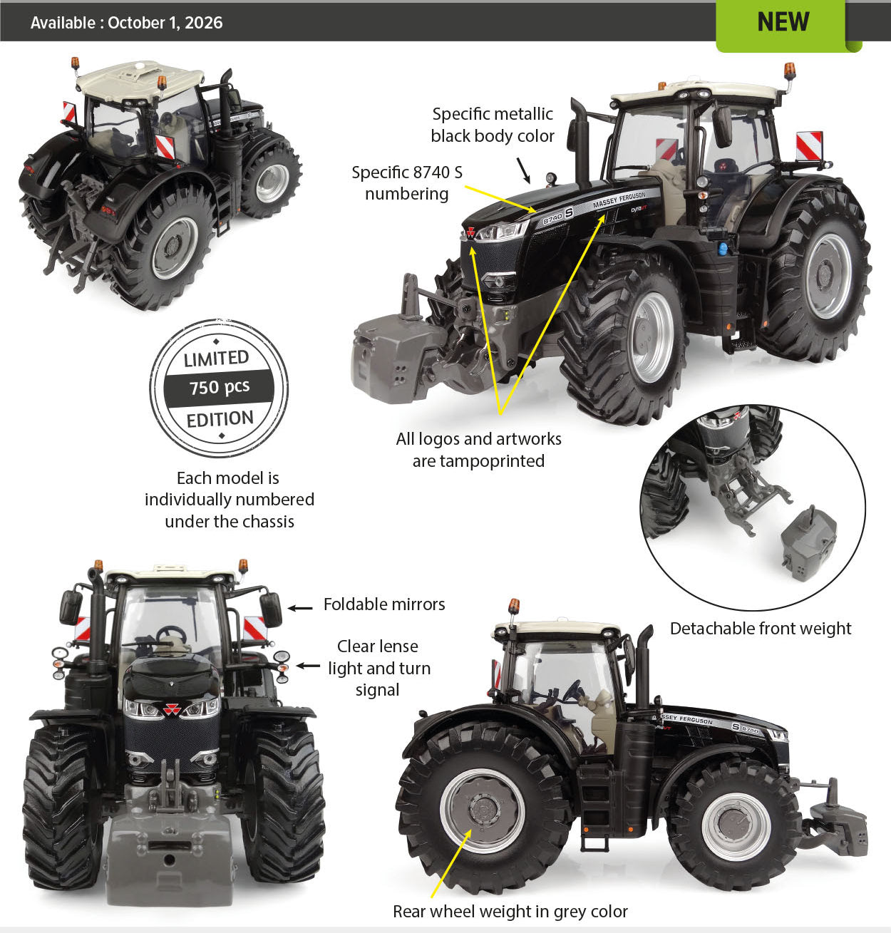 Tracteur Massey Ferguson 8740 S Black Edition - Universal Hobbies UH7280 1/32